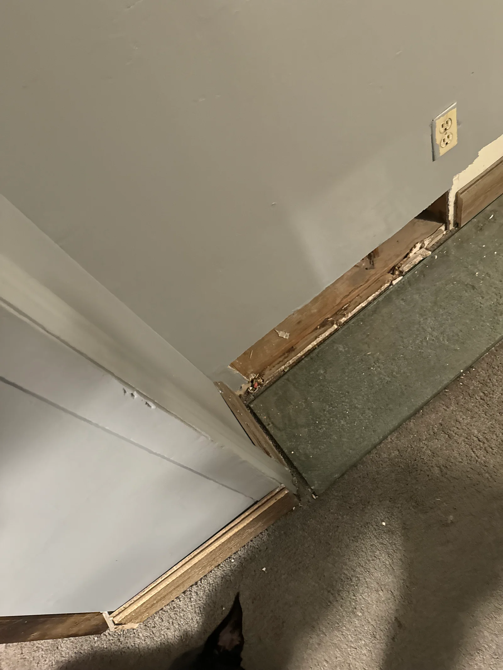 Water damage along baseboard from frozen pipe burst in a Northern Utah home during winter